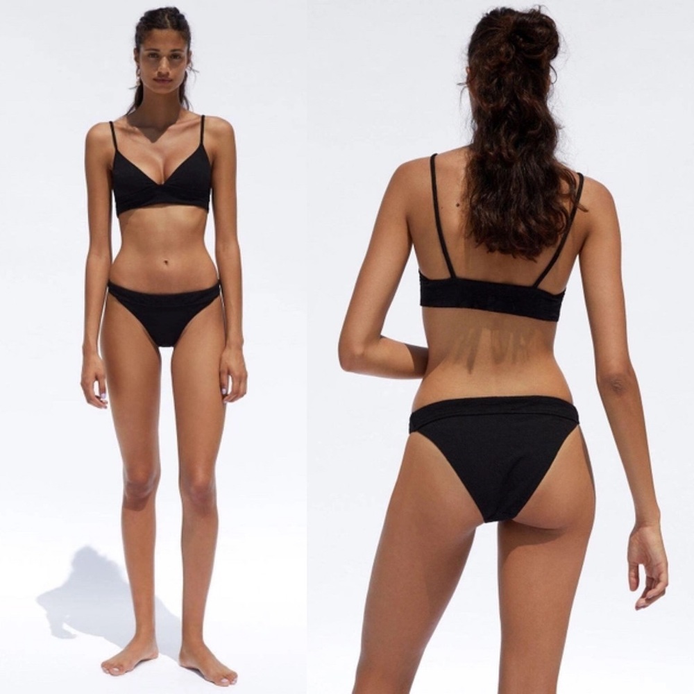 Zara HIGH WAISTED SWIM BIKINI BOTTOMS FLORAL LEAF PRINT BLACK SIZE S NEW